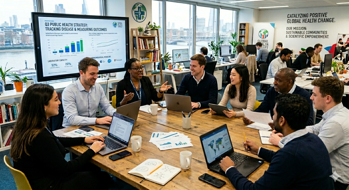 A large, open, busy work space comprising a diverse group of people who are sitting at a large conference table with laptops, computer tablets, mobile phones, and stacks of paper showing charts and tables. They are smiling and listening to one person at the table talk. There is a large screen behind the person talking with text that reads Public Health Strategy: Tracking Disease and Measuring Outcomes. In the background, there is a table of 3 people working at computers and across from them is another table with 4 people working at computers.